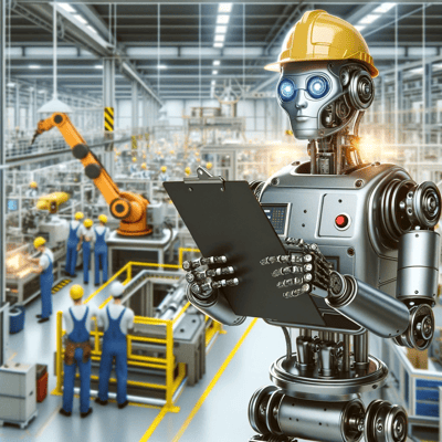 DALL·E 2024-01-01 11.06.17 - A square image depicting a robot with a hardhat in a manufacturing facility, updated to show the robot holding a clipboard. The robot has an industria