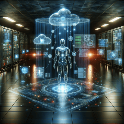 DALL·E 2024-01-01 11.21.54 - A square image depicting AI policing cloud security. The scene is set in a futuristic cyber-security center. The central figure is an AI entity repres