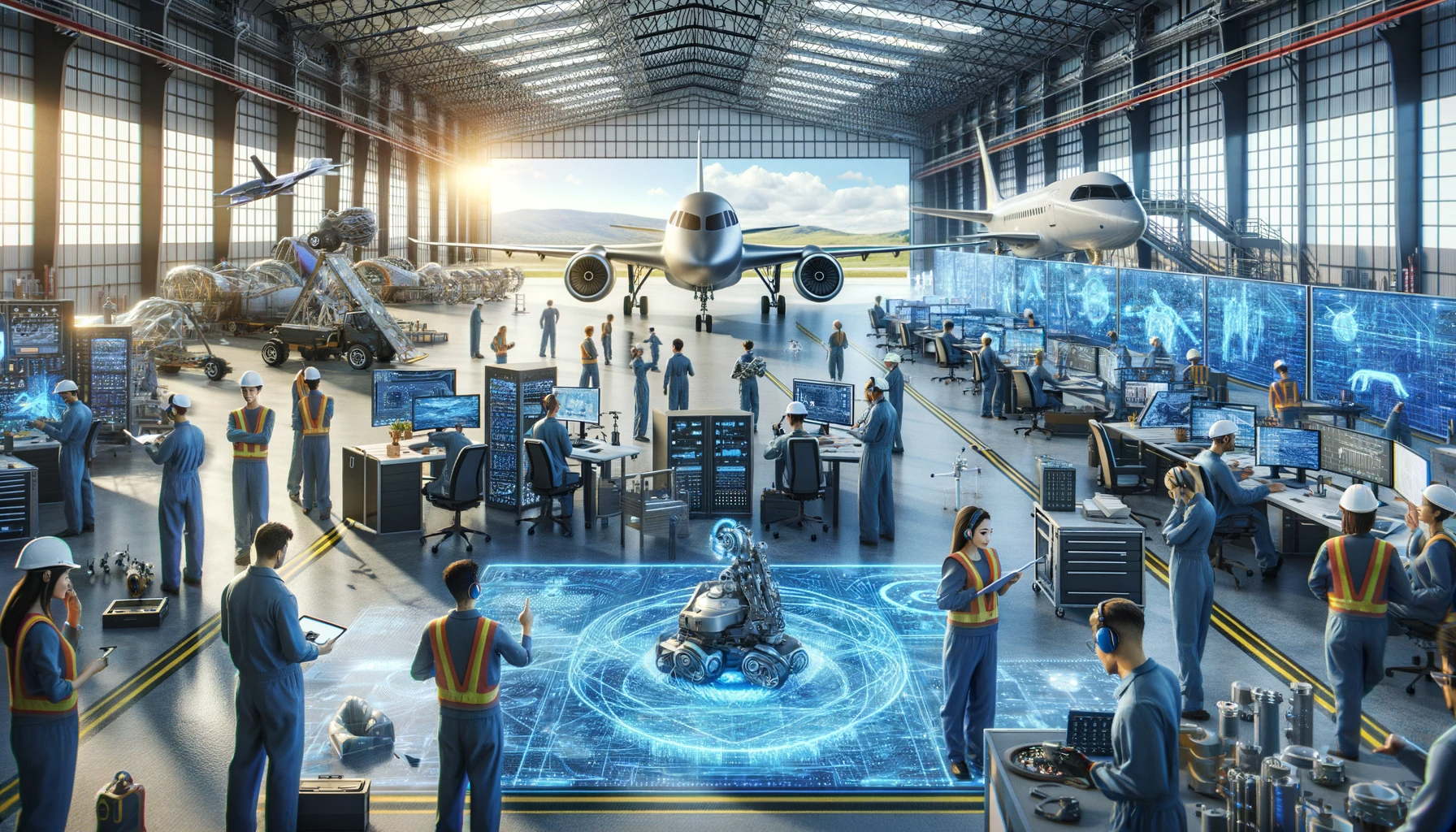 DALL·E 2024-01-03 17.32.29 - Envision a cutting-edge aerospace and transportation facility where AI is significantly enhancing operations and development. The scene includes a lar