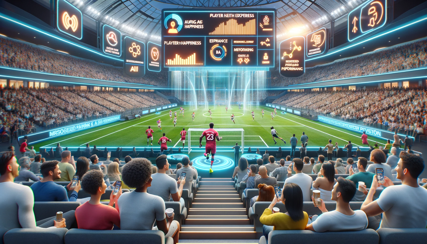 DALL·E 2024-01-03 17.36.56 - Visualize a sports arena and hospitality setting where AI enhances audience happiness and player success, with all text removed. The scene shows AI fe
