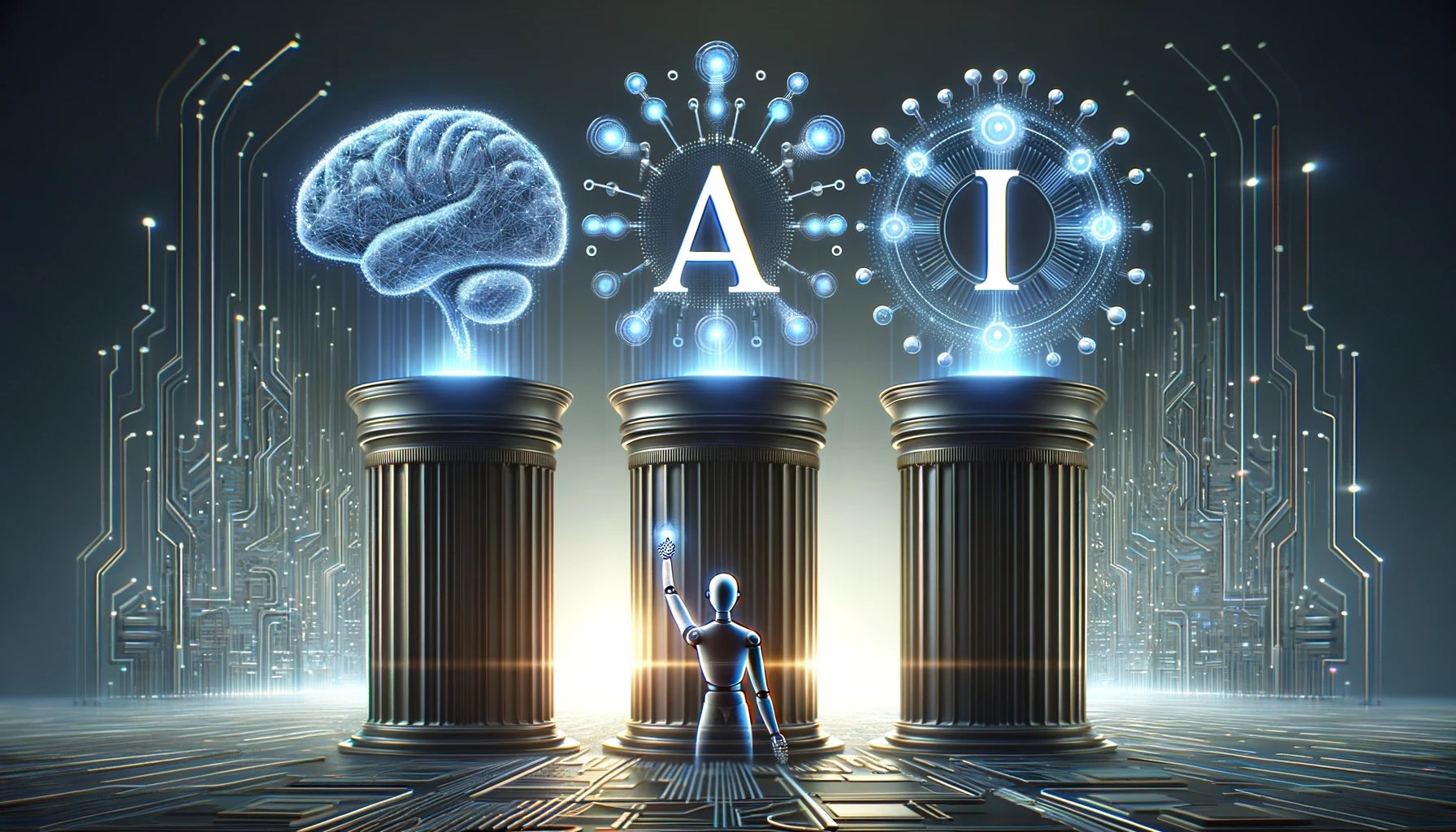 DALL·E 2024-04-19 11.05.03 - A horizontal image depicting the three pillars of AI success, represented symbolically without any text aside from the letters AI. The scene shows t