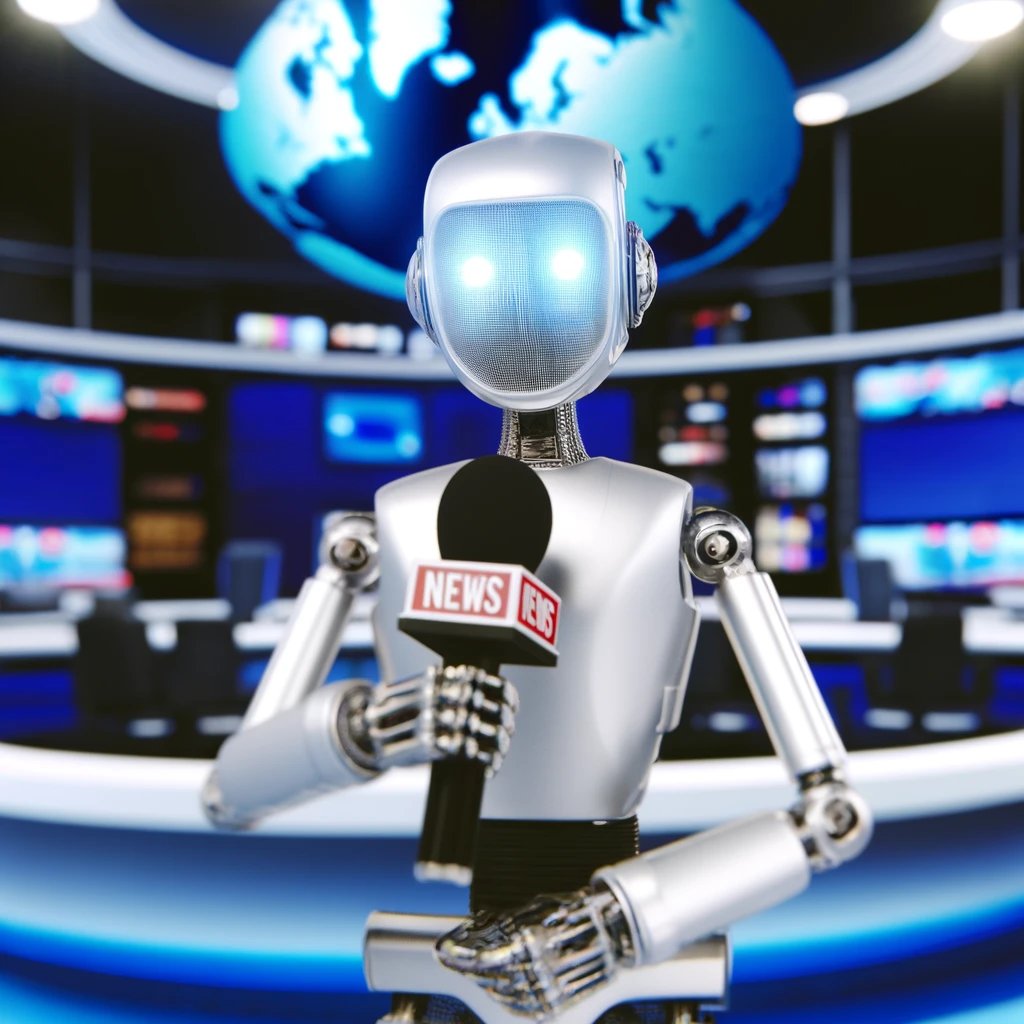 DALL·E 2024-04-19 11.12.17 - A square image featuring a robot reporter in a dynamic newsroom setting. The robot is designed to appear sleek and modern, with a metallic body and ad